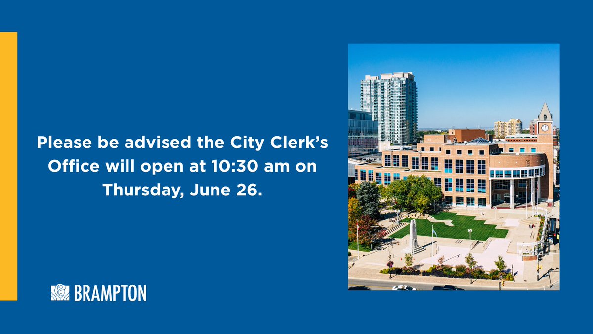 Please be advised that the City Clerk’s Office will open at 10:30 am on Thursday, June 26. 

We apologize for any inconvenience and appreciate your understanding.