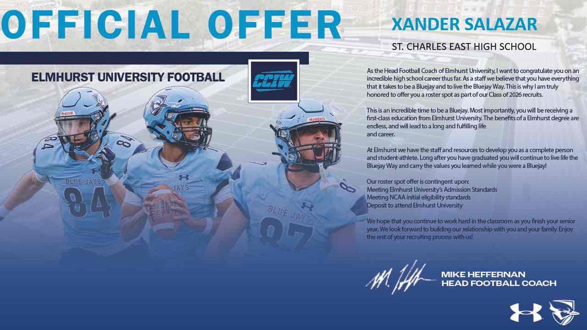 Xander Salazar (@xandersalazar) on Twitter photo #AGTG After a great talk and Junior Day with <a href="/CoachMadison_EU/">Colin Madison</a> I’m truly honored and blessed to announce I have received my first offer from Elmhurst University!!
<a href="/CoachPossley/">Nolan Possley</a> <a href="/CoachStarkey58/">Dan Starkey</a> <a href="/Starkey_Coach/">Bo Starkey</a> <a href="/Coach_Heffernan/">Mike Heffernan</a> <a href="/ElmhurstU_FB/">Elmhurst University Football</a> #AGTG After a great talk and Junior Day with <a href="/CoachMadison_EU/">Colin Madison</a> I’m truly honored and blessed to announce I have received my first offer from Elmhurst University!!
<a href="/CoachPossley/">Nolan Possley</a> <a href="/CoachStarkey58/">Dan Starkey</a> <a href="/Starkey_Coach/">Bo Starkey</a> <a href="/Coach_Heffernan/">Mike Heffernan</a> <a href="/ElmhurstU_FB/">Elmhurst University Football</a>