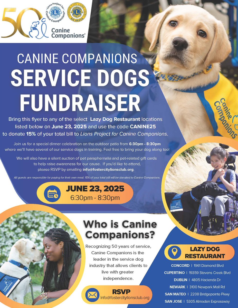 Join members of FC Lions Club and some furry friends 🐶for a fundraiser TONIGHT on the patio at Lazy Dog from 6:30pm! 15% of your total bill will be donated to Lions Project for Canine Companions.
