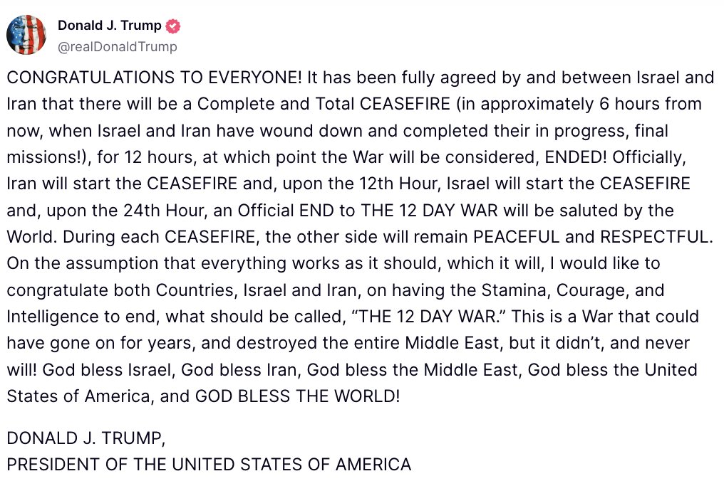 🚨 BREAKING : Trump annuncia un cessate il fuoco tra Iran e Israele