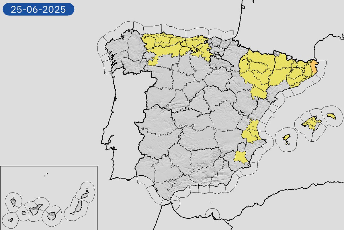 24/06 00:06 Avisos activos hoy y mañana en España por tormentas, temperaturas máximas y lluvias. Nivel máximo de aviso: naranja.
Actualizaciones en aemet.es/es/eltiempo/pr…