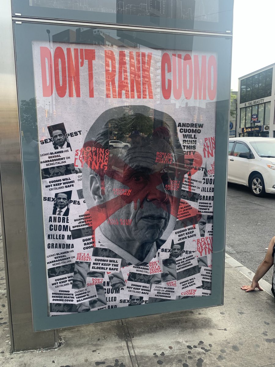Ha! Who did this? #DontRankCuomo poster inside a bus stop shed right outside the subway station exit on the eve of primary elections. No info on who sponsored/did .