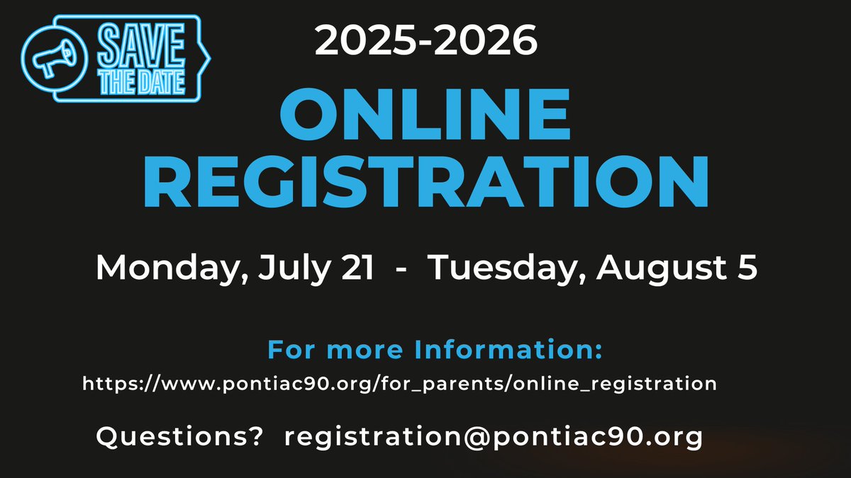 Pontiac Township High School District 90 (@pthsonline) on Twitter photo 📢 Save the Date!
🖥️ 2025-2026 Online Registration opens Monday, July 21 and runs through Tuesday, August 5!
🔗 Get details: pontiac90.org/for_parents/on…
📧 Questions? Email: registration@pontiac90.org 📢 Save the Date!
🖥️ 2025-2026 Online Registration opens Monday, July 21 and runs through Tuesday, August 5!
🔗 Get details: pontiac90.org/for_parents/on…
📧 Questions? Email: registration@pontiac90.org