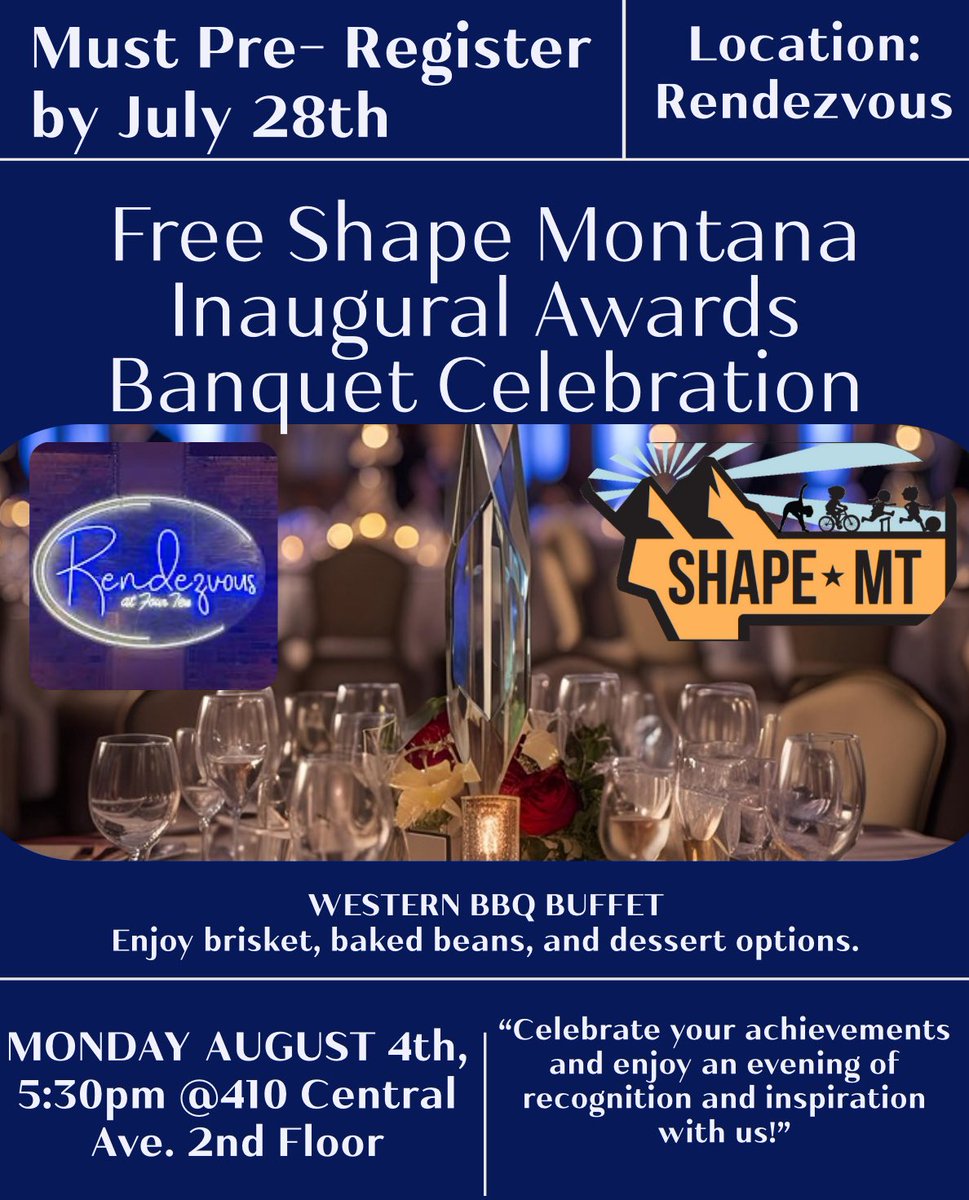 SHAPE Montana (@shapemontana) on Twitter photo NEW AND IMPROVED!! This year, our social is being upgraded to a catered dinner, Keynote address, and awards presentations to recognize our members' dedication. We appreciate you!
MONDAY AUGUST 4th, 5:30pm
Rendezvous <a href="/410/">Поели вчетвером на 4</a> Central Ave. 2nd Floor
Pre-register by July 28th NEW AND IMPROVED!! This year, our social is being upgraded to a catered dinner, Keynote address, and awards presentations to recognize our members' dedication. We appreciate you!
MONDAY AUGUST 4th, 5:30pm
Rendezvous <a href="/410/">Поели вчетвером на 4</a> Central Ave. 2nd Floor
Pre-register by July 28th