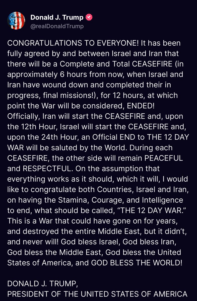 🚨 #BREAKING: President Trump just announced a FULL ceasefire between Israel and Iran to start in six hours

PEACEMAKER-IN-CHIEF! 🇺🇸