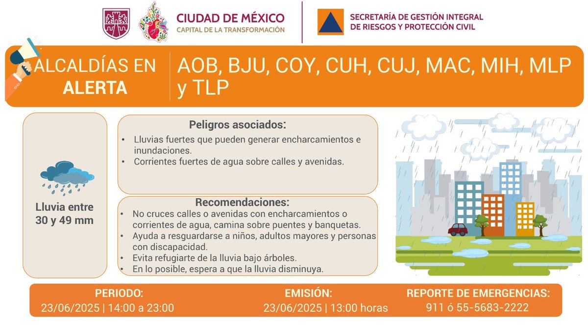 Webcams de México (@webcamsdemexico) on Twitter photo Se activa #AlertaNaranja por pronóstico de lluvias muy fuertes durante la tarde y noche de este lunes 23/06/2025 en las demarcaciones de:
<a href="/AlcaldiaAO/">Alcaldía Álvaro Obregón</a>
<a href="/BJAlcaldia/">Alcaldía de Benito Juárez</a>
<a href="/Alcaldia_Coy/">Alcaldía de Coyoacán</a>
<a href="/cuajimalpa_gob/">Alcaldía Cuajimalpa</a>
<a href="/AlcCuauhtemocMx/">Alcaldía Cuauhtémoc</a>
<a href="/ALaMagdalenaC/">Alcaldía La Magdalena Contreras</a>
<a href="/AlcaldiaMHmx/">Alcaldía Miguel Hidalgo</a>
<a href="/AlcMilpaAlta/">Alcaldía Milpa Alta</a>
<a href="/TlalpanAl/">Alcaldía Tlalpan</a>
Vía: Se activa #AlertaNaranja por pronóstico de lluvias muy fuertes durante la tarde y noche de este lunes 23/06/2025 en las demarcaciones de:
<a href="/AlcaldiaAO/">Alcaldía Álvaro Obregón</a>
<a href="/BJAlcaldia/">Alcaldía de Benito Juárez</a>
<a href="/Alcaldia_Coy/">Alcaldía de Coyoacán</a>
<a href="/cuajimalpa_gob/">Alcaldía Cuajimalpa</a>
<a href="/AlcCuauhtemocMx/">Alcaldía Cuauhtémoc</a>
<a href="/ALaMagdalenaC/">Alcaldía La Magdalena Contreras</a>
<a href="/AlcaldiaMHmx/">Alcaldía Miguel Hidalgo</a>
<a href="/AlcMilpaAlta/">Alcaldía Milpa Alta</a>
<a href="/TlalpanAl/">Alcaldía Tlalpan</a>
Vía: