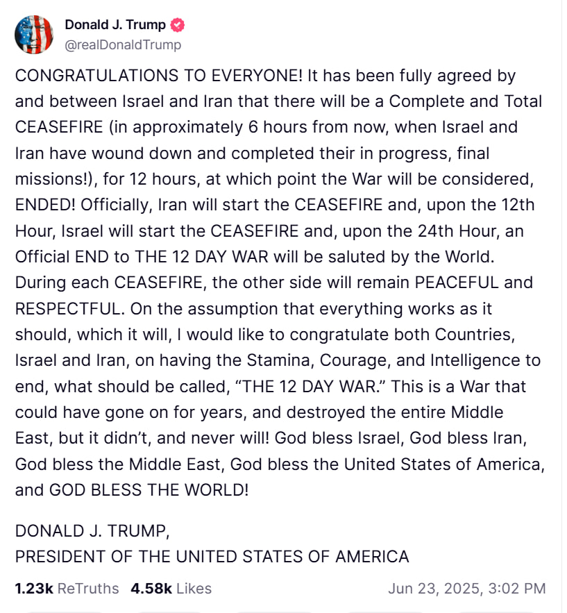 prayingmedic's tweet photo. President Trump has negotiated a ceasefire, and potentially, an end to the 12 day war in Iran.  🎉 https://t.co/L0rgHfQV0t