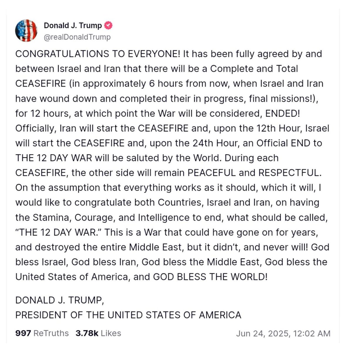 🚨BREAKING: TRUMP ANNOUNCES CEASEFIRE BETWEEN ISRAEL &amp; IRAN 🇺🇸🇮🇱🇮🇷

President Donald J. Trump just confirmed that a complete and total ceasefire has been agreed to by both Israel and Iran — officially ending what he calls “The 12 Day War.”

🔻 Here’s what to know:
▪️ Iran will