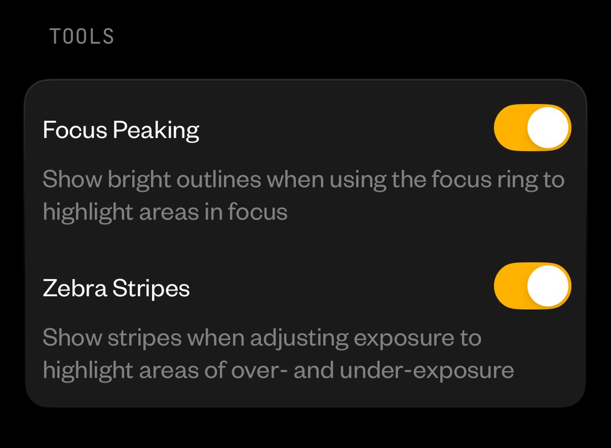 notboring's tweet image. Camera 1.31 Release
+ Show/hide Focus Peaking & Zebra Stripes in Settings → Controls
+ Fix for black bar on iOS 26 Beta
+ Fix for settings error