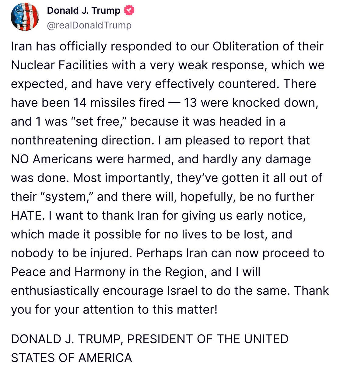 Trump sebenarnya tidak ingin perang melawan Iran krn potensi kerugian amat sangat besar &amp; penentangan publik AS. 
Bukti:
1. Serangan AS ke 3 reaktor nuklir Iran sangat terbatas, lalu dilanjut dg ajakan damai.
2. Mnrt Jerusalem Post, AS sblm nyerang udh kasih tau dulu ke Iran,