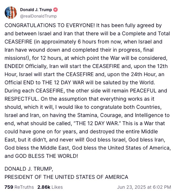 agusantonetti's tweet photo. 🇮🇱🇮🇷‼️| URGENTE: El presidente Donald Trump anuncia un ALTO AL FUEGO total entre Israel e Irán.

Comenzará en aproximadamente seis horas. https://t.co/agVzYWbGem