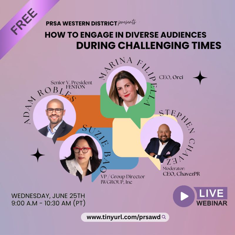 PRSALA's tweet image. RSVP now and strengthen your PR strategy for the future for a FREE virtual program and learn from multicultural experts presented by PRSA Western District.
How to Engage Diverse Audiences During Challenging Times
This Wednesday, June 25 • 9 - 10:30 am
linktr.ee/prsala