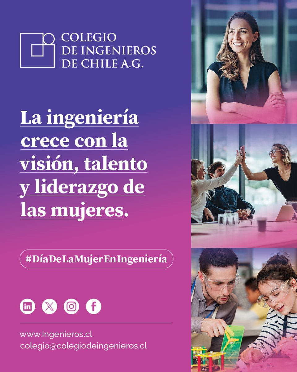 Hoy celebramos a quienes transforman la ingeniería con visión, talento y liderazgo💡
En el #DíaDeLaMujerEnIngeniería hazte socia del Colegio de Ingenieros en:

ingenieros.cl/postulacion-so…

#IngenierasQueInspiran #STEM #HazteSocia