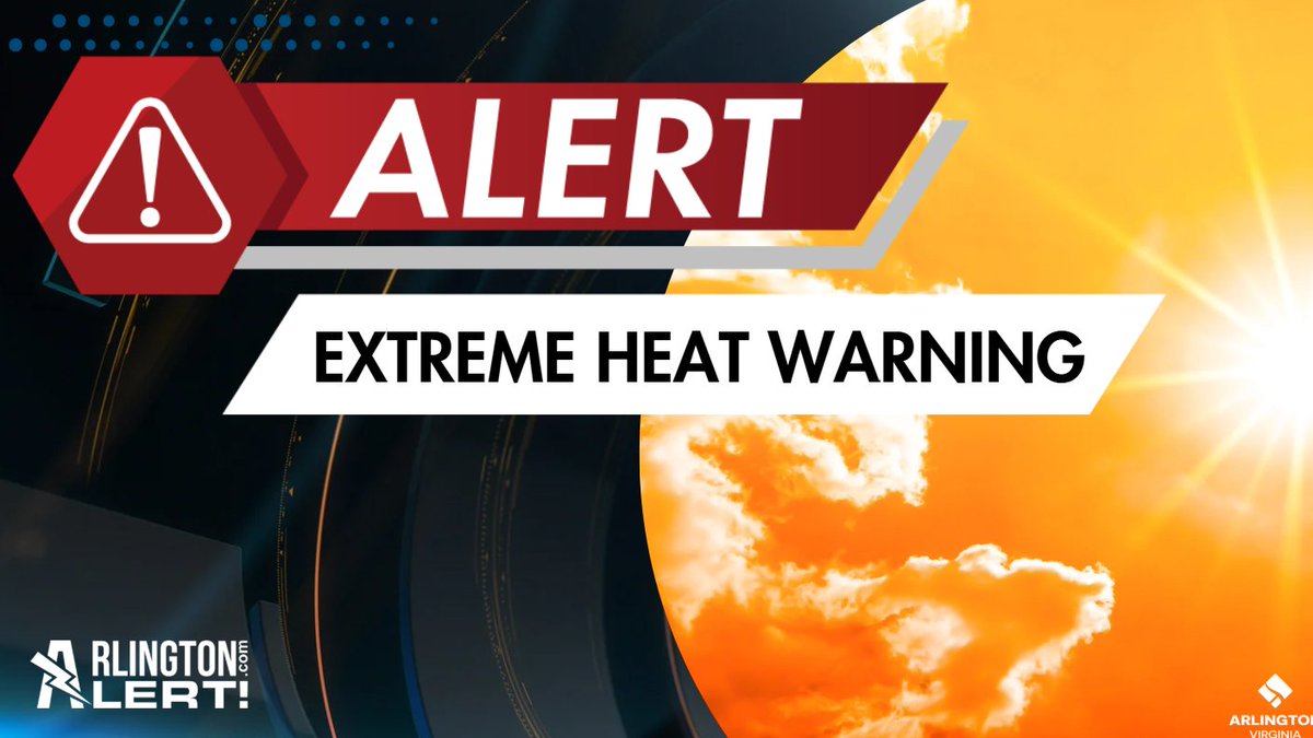 Arlington County is under an Extreme Heat Warning on Tuesday, June 24, from 11 AM to 9 PM. Extremely dangerous heat conditions are occurring, with temperatures feeling like up to 110 degrees. Avoid outdoor activity + find ways to beat the heat: arlingtonva.us/extremeheat.