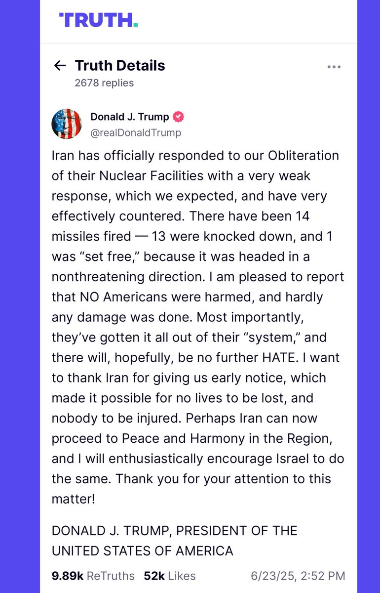 mualphaxi's tweet photo. This has been one of Trump's greatest  poasting days ever.

Threatened to nuke Russia when he woke up, demanded oil prices go down (they did), thanked Iran for telling us they'd bomb us, and now the most insane ceasefire announcement in history.

Absolutely astounding 😂 https://t.co/GhRgeRxuiH