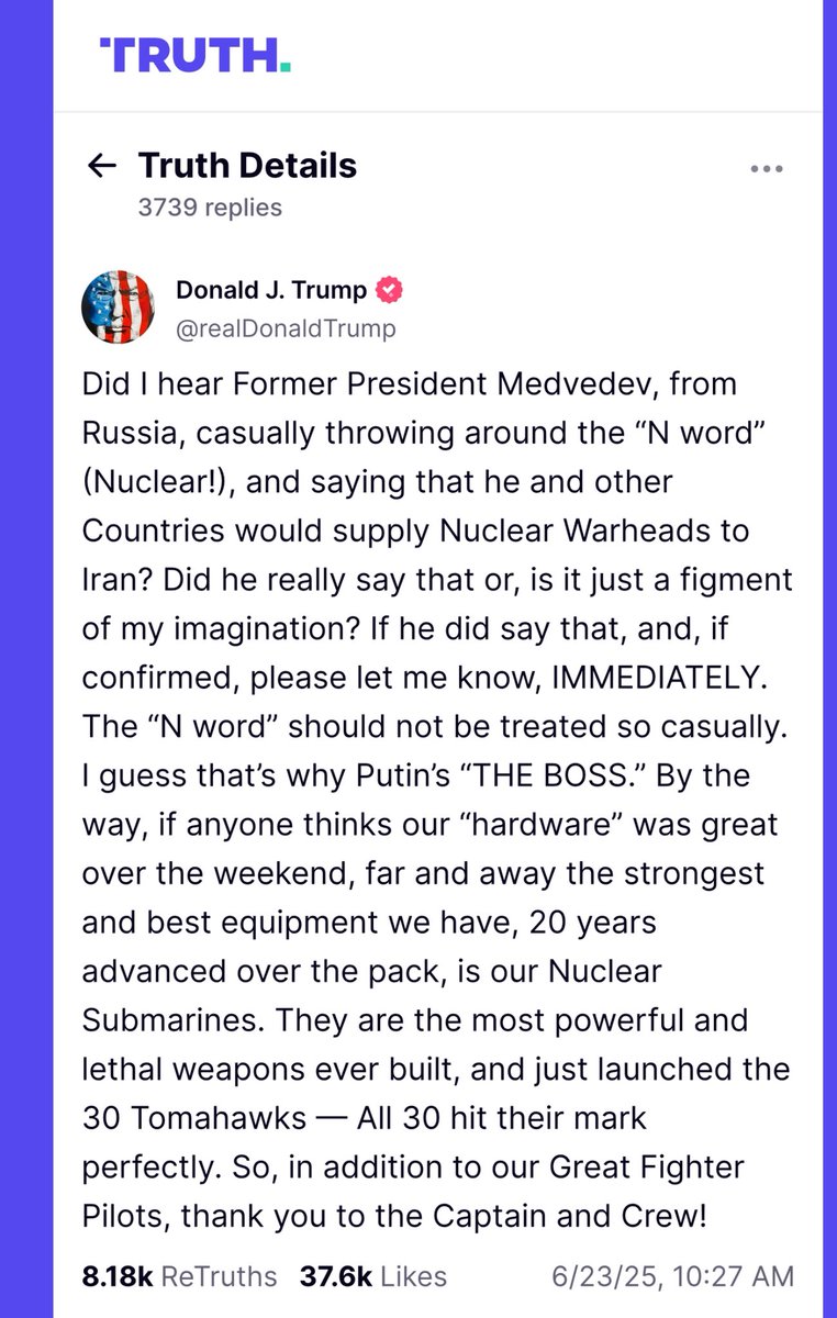 mualphaxi's tweet photo. This has been one of Trump's greatest  poasting days ever.

Threatened to nuke Russia when he woke up, demanded oil prices go down (they did), thanked Iran for telling us they'd bomb us, and now the most insane ceasefire announcement in history.

Absolutely astounding 😂 https://t.co/GhRgeRxuiH