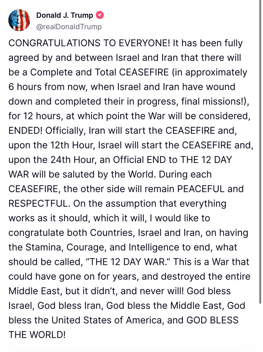 SofyCasas_'s tweet photo. El presidente Donald Trump confirma que hay un acuerdo entre Israel e Irán tras los ataques recientes.

Dios bendiga a Israel 🇮🇱🙏. https://t.co/y2BKeYqTau