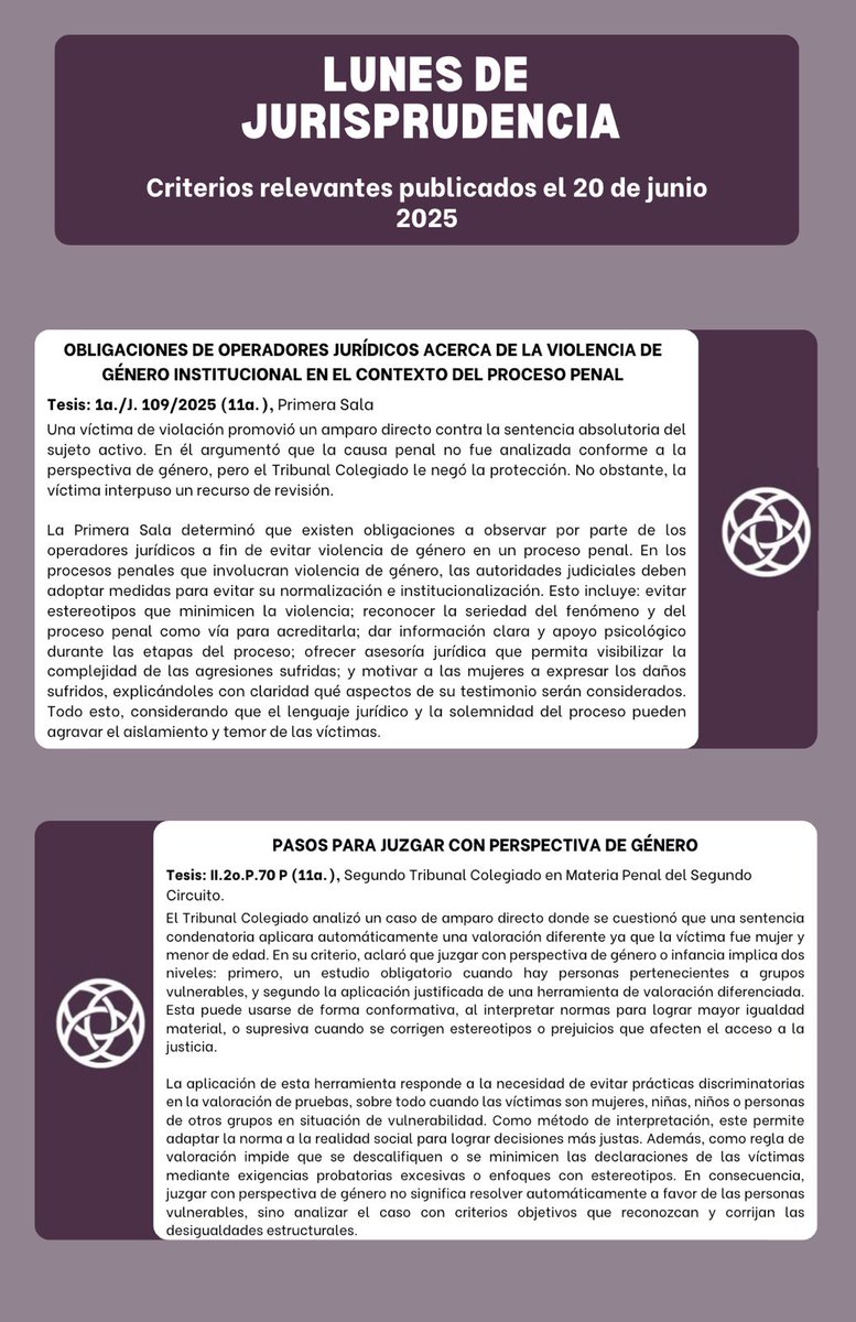 🚨Lunes de Jurisprudencia. Les dejamos los criterios más relevantes en materia de #DDHH emitidos por los tribunales del <a href="/CJF_Mx/">CJF</a> y la <a href="/SCJN/">Suprema Corte</a> el pasado viernes 20 de junio.