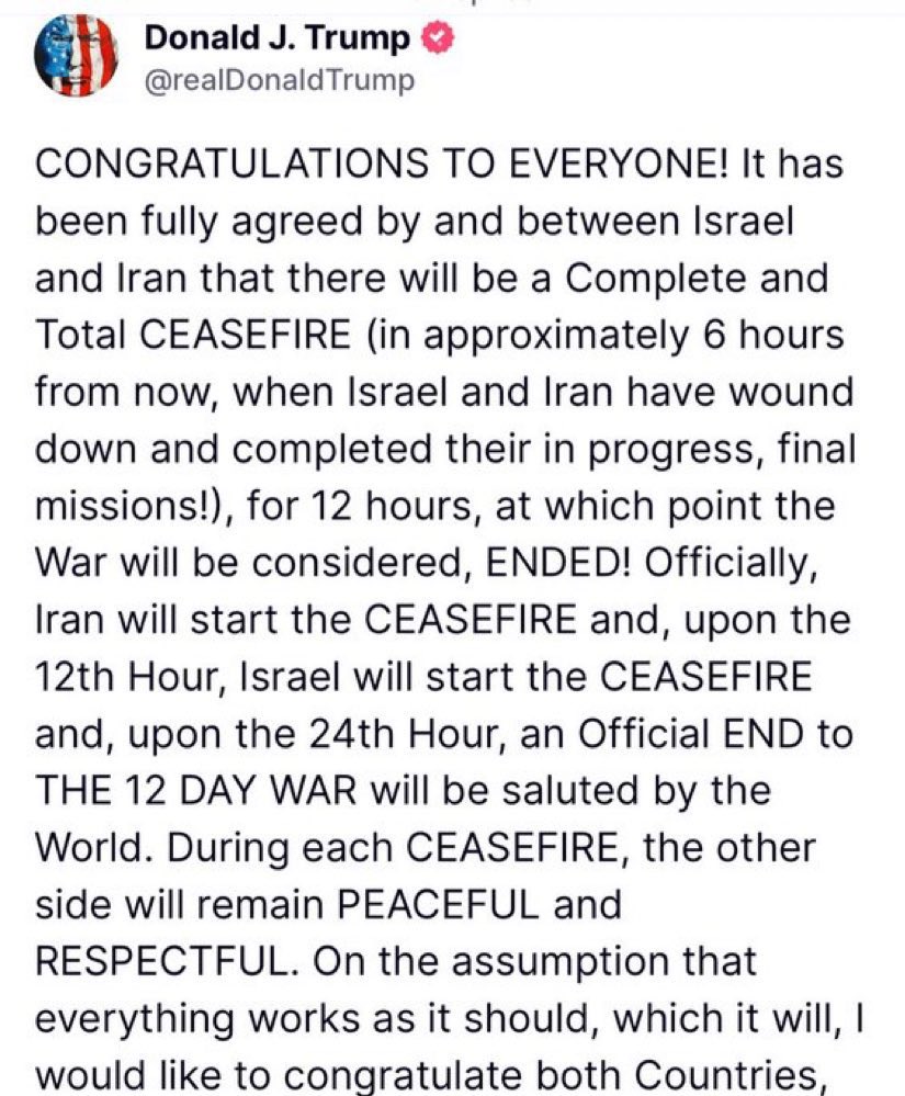 HOLY SMOKES!!!!!!!! Israel and Iran have agreed to ceasefire. President Trump has facilitated peace in the Middle 

Can Trump please get a Thank You from everyone!

Thank you President Trump