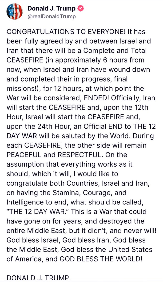 A ceasefire between #Israel and #Iran is on the horizon, offering a much-needed sigh of relief for the region. As per President <a href="/realDonaldTrump/">Donald J. Trump</a>