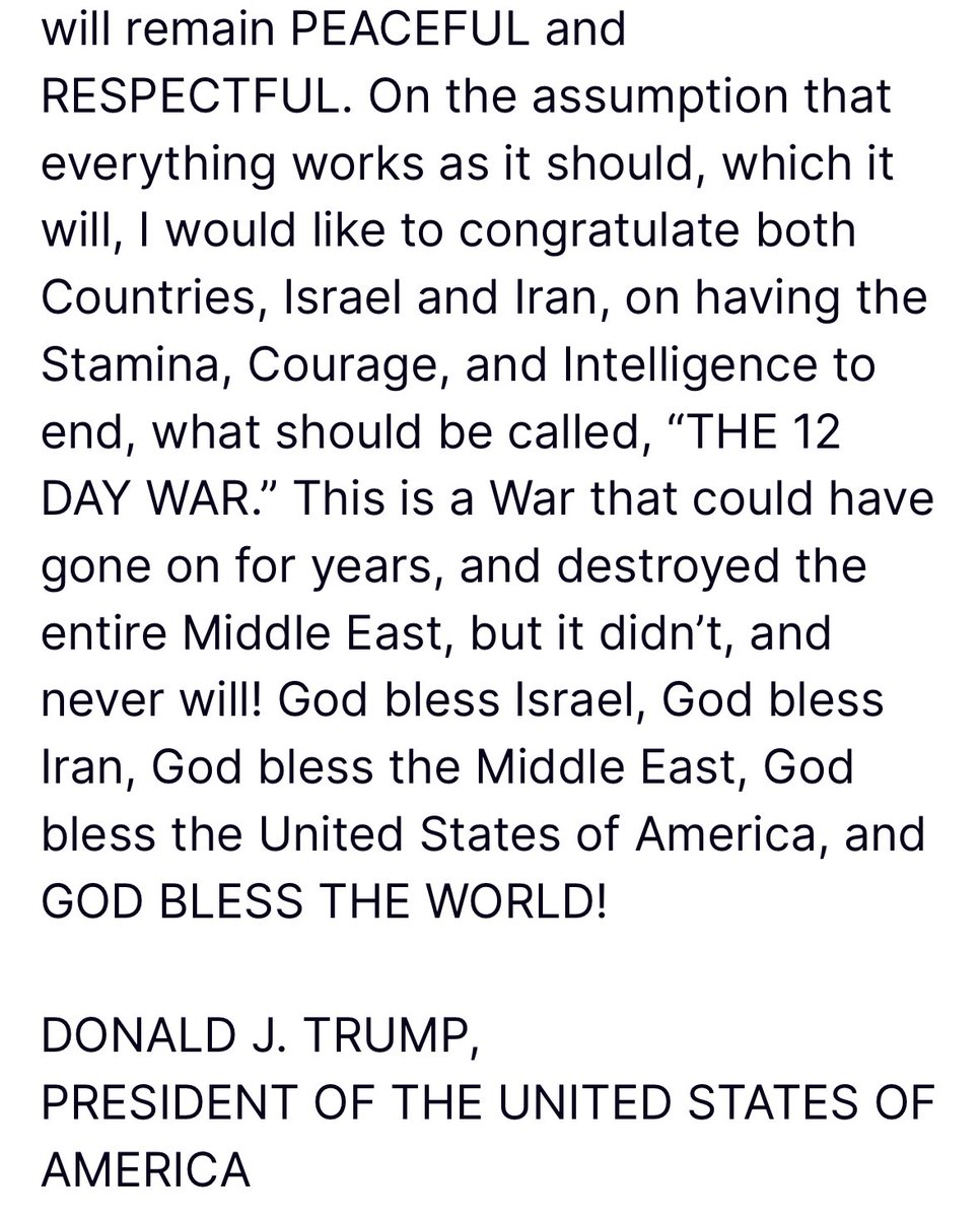 🔺#ÚLTIMAHORA: Donald Trump anuncia un alto al fuego entre Israel e Irán. 

¡FELICIDADES A TODOS! Israel e Irán han acordado por completo que habrá un ALTO EL FUEGO COMPLETO Y TOTAL (en aproximadamente 6 horas, cuando Israel e Irán hayan concluido y completado sus misiones