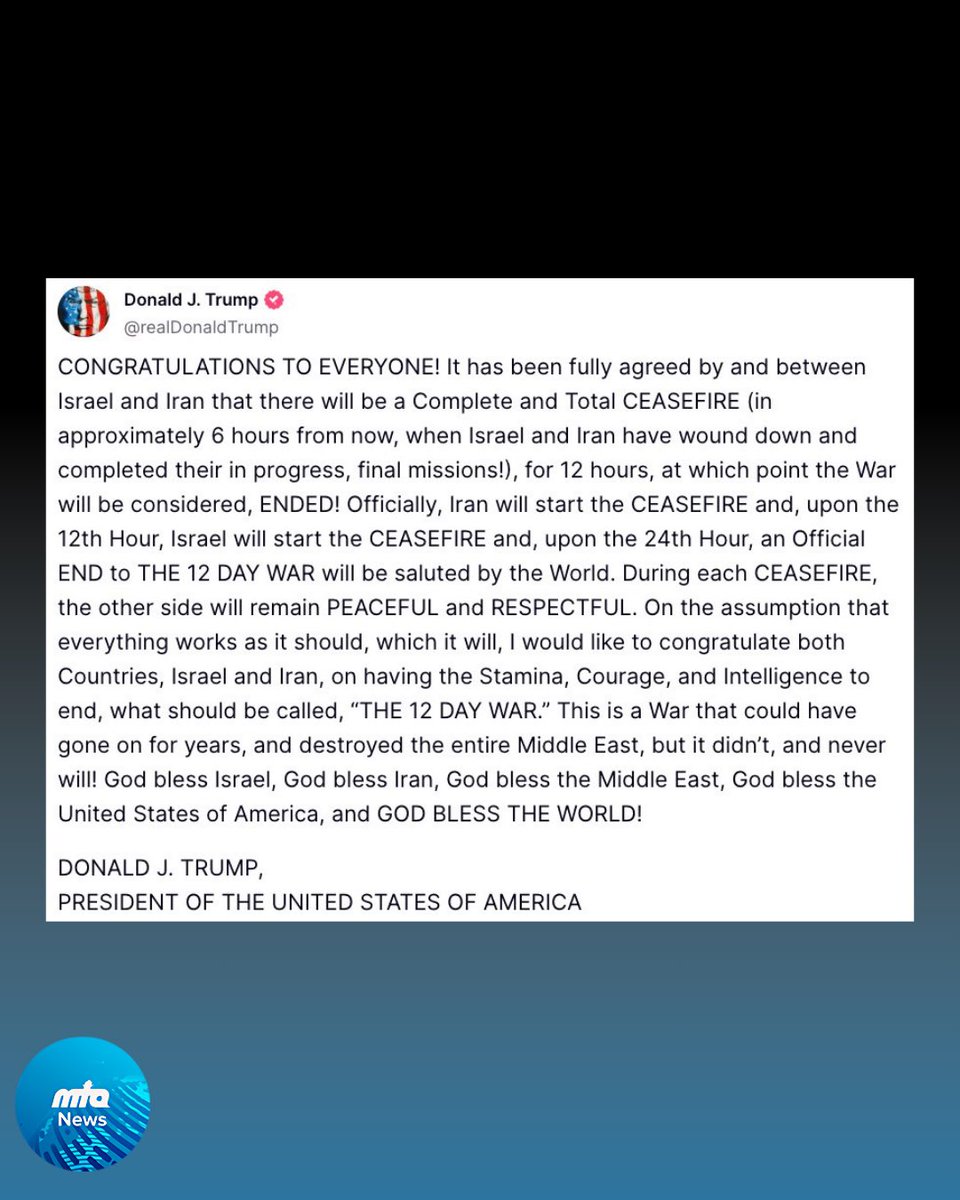 BREAKING: Trump says Israel, Iran agreed to ceasefire

The US president has just announced that Israel and Iran have agreed to a complete and total ceasefire which would eventually lead to an end to the war.

“It has been fully agreed by and between Israel and Iran that there