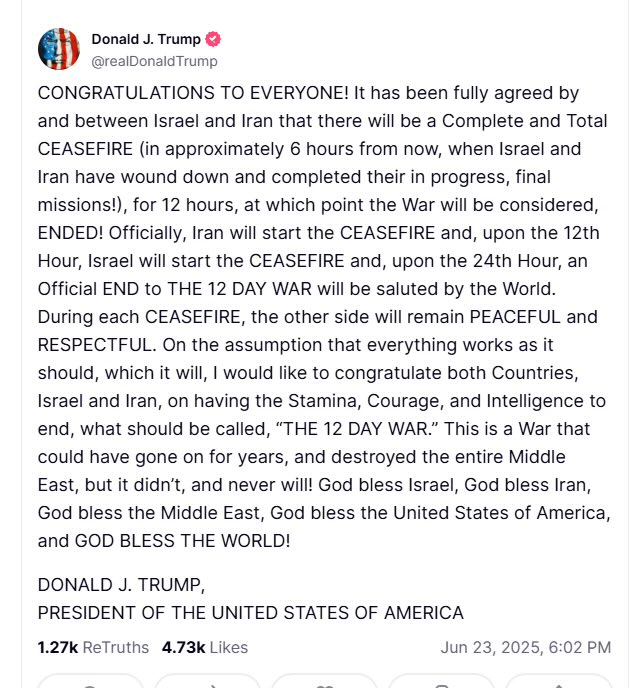 Peace through strength. 

Israel took out most of the Islamic Republic’s ballistic missile capability, much of their terrorist army’s leadership, and their nuclear know-how (+ terror proxies). The US took out their nuclear facilities. 

Together both countries completely defanged