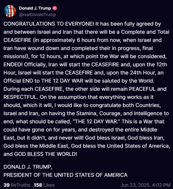 BREAKING 🔴🔴

Trump says a ceasefire between Israel and Iran is expected within a few hours.