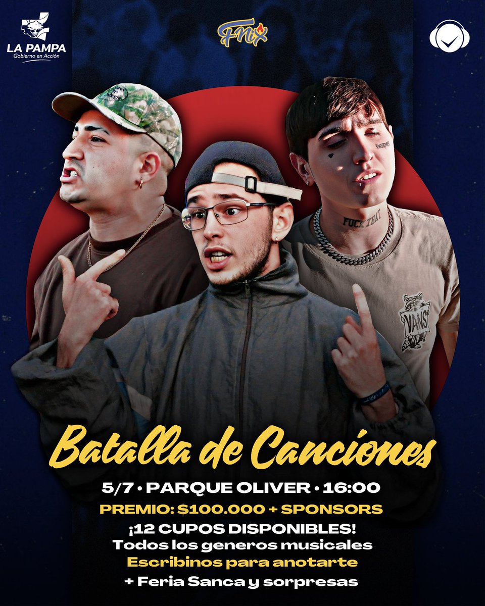 fenixfreestyle's tweet photo. 🎧 F-NIX: BATALLA DE CANCIONES

🗓️ Sábado 5/7
⏰ Desde las 16:00hs
🏟️ Parque Oliver (Santa Rosa)

📩 ¿HACÉS MÚSICA? Mandanos tu canción por privado y participá por un lugar en nuestra competencia https://t.co/gqF2CZRTV5
