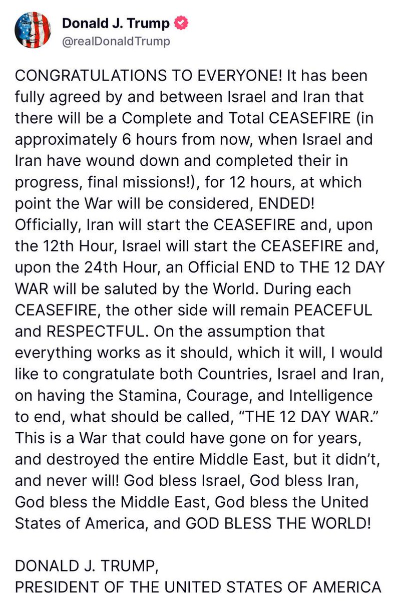 KanekoaTheGreat's tweet image. BREAKING: President Trump announces a ceasefire agreement between Israel and Iran.