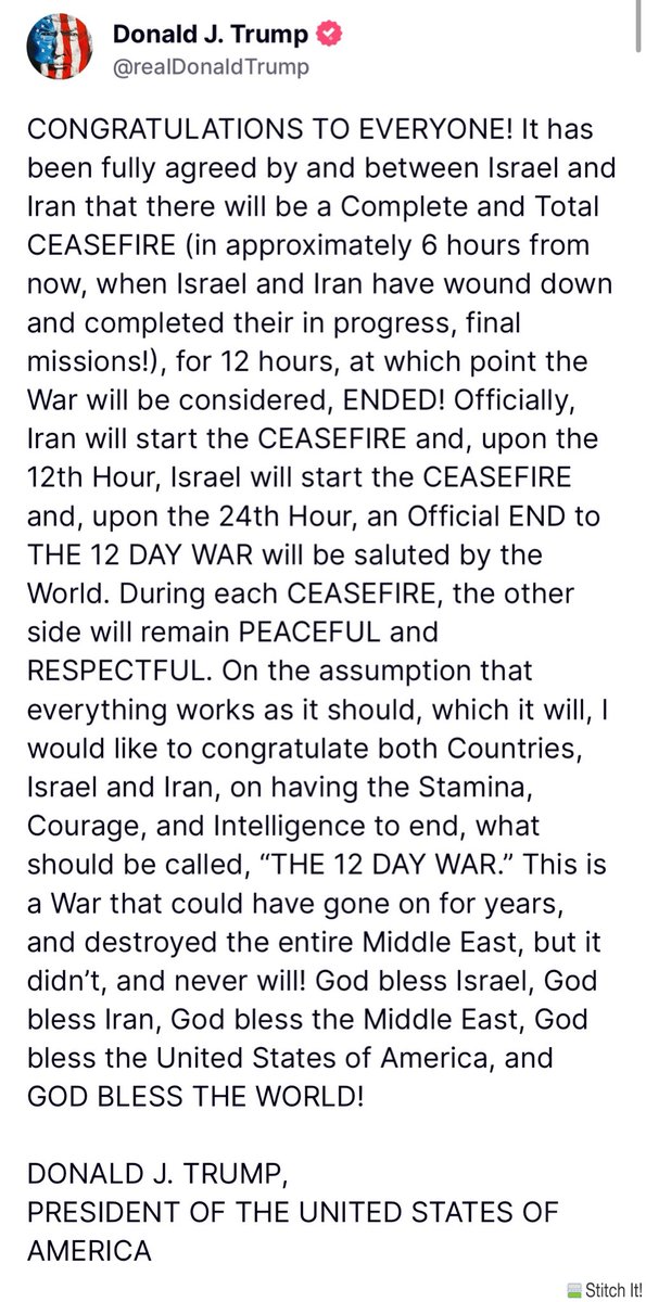 President Trump announces ceasefire between Israel and Iran in this post on Truth Social

#sabcnews