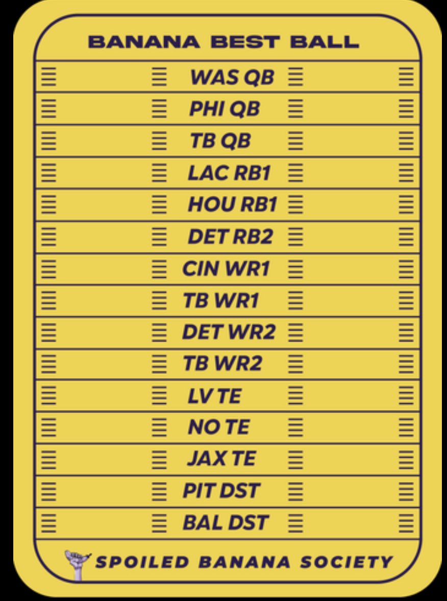 Even when I accidentally auto drafted myself into three stud quarterbacks, this still became a banger. TB stack, best player in fantasy, best TE, two elite defenses… anything can dominate in <a href="/SBSFantasy/">Spoiled Banana Society 🏈🍌</a>
