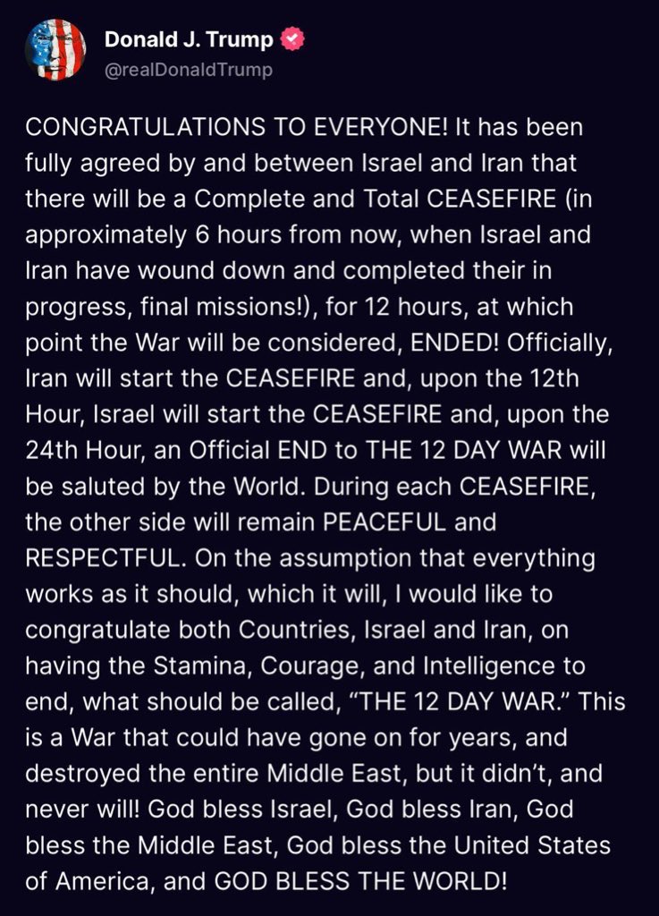 BTCspaceship's tweet photo. ‼️BREAKING: Trump just posted that there will be PEACE and a total CEASEFIRE between Iran &amp; Israel! SEND IT 🚀🚀 https://t.co/JHuTimj1J7