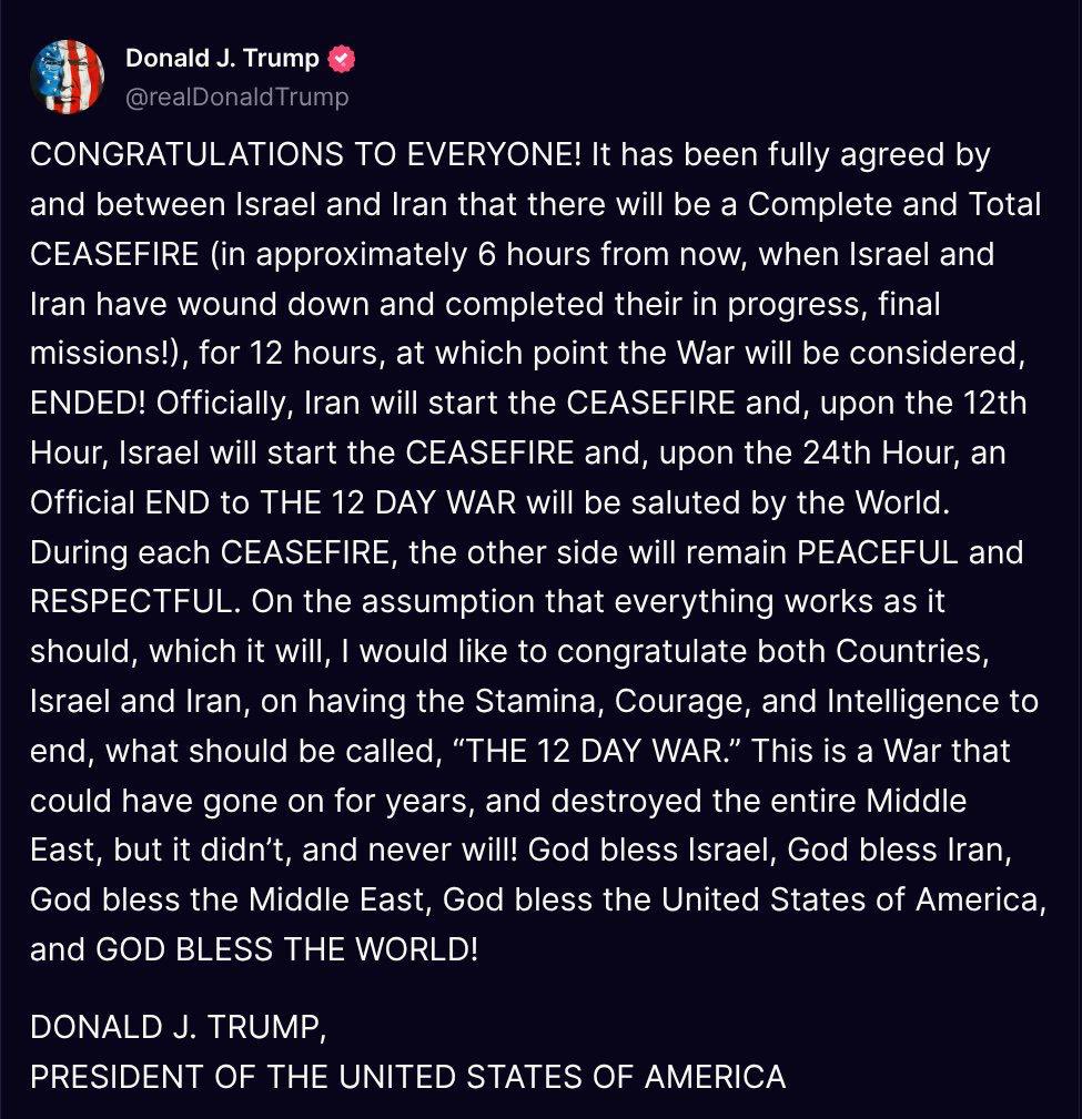 MurtazaViews's tweet photo. 🇮🇷🇺🇸🚨‼️US President Donald Trump has announced that a ceasefire has been reached between Israel and Iran and will enter into effect at 7 a.m. Israel time https://t.co/a9P3gALnj1