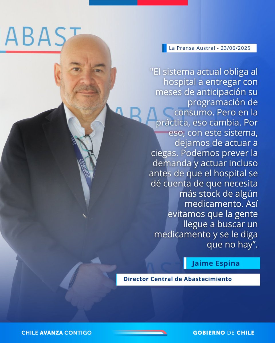 #CenabastEnMedios 📰 Invitamos a leer la nota realizada por <a href="/LaPrensAustral/">La Prensa Austral</a>, al director, Jaime Espina, sobre el proyecto de Interoperabilidad, que busca reducir quiebres de existencias y vencimiento de medicamentos en la Red Asistencial.

Nota en 📱 laprensaaustral.cl/2025/06/23/cen…