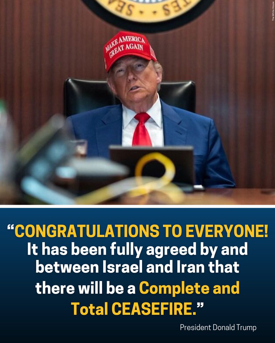 🚨BREAKING: President Trump says Israel and Iran have agreed to ‘complete and total ceasefire’ to be phased in over 24 hours.