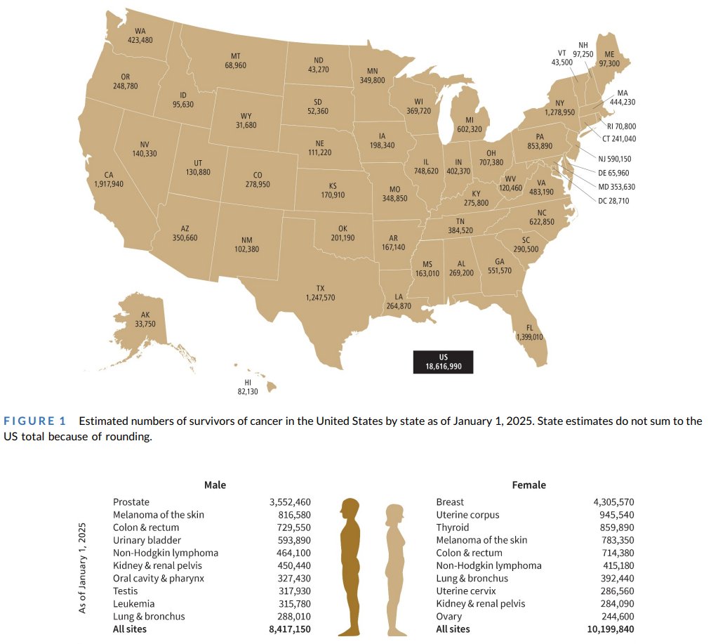 jsoriamd's tweet image. As of Jan 1, 2025, 18.6 million people in the U.S. are living with a history of cancer. By 2035, this is projected to exceed 22 million. Prostate, breast, & colorectal cancers lead prevalence. #Oncology #CancerSurvivorship
acsjournals.onlinelibrary.wiley.com/doi/10.3322/ca…