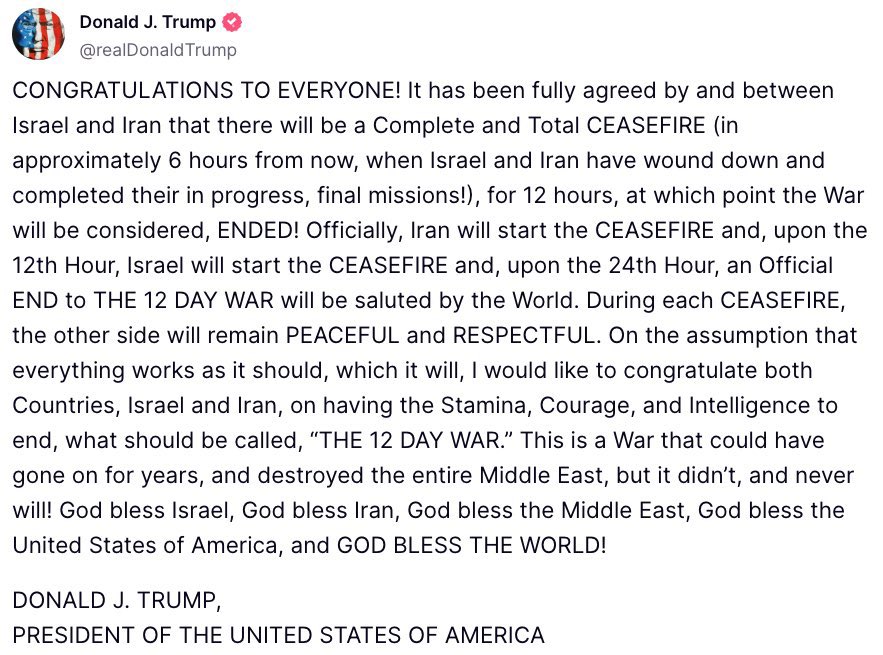 Beltrew's tweet image. The war is over in 6 hours for 12 hours (for Iran?) but only after the 12th hour will Israel start the ceasefire and then in 24 hours everyone will celebrate the end of what will be called “THE 12 DAY WAR”. I think.
