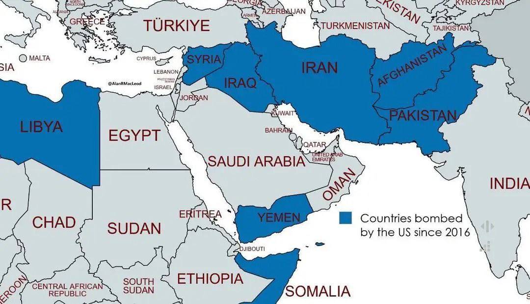 Карта стран, которые бомбили американцы на Ближнем Востоке