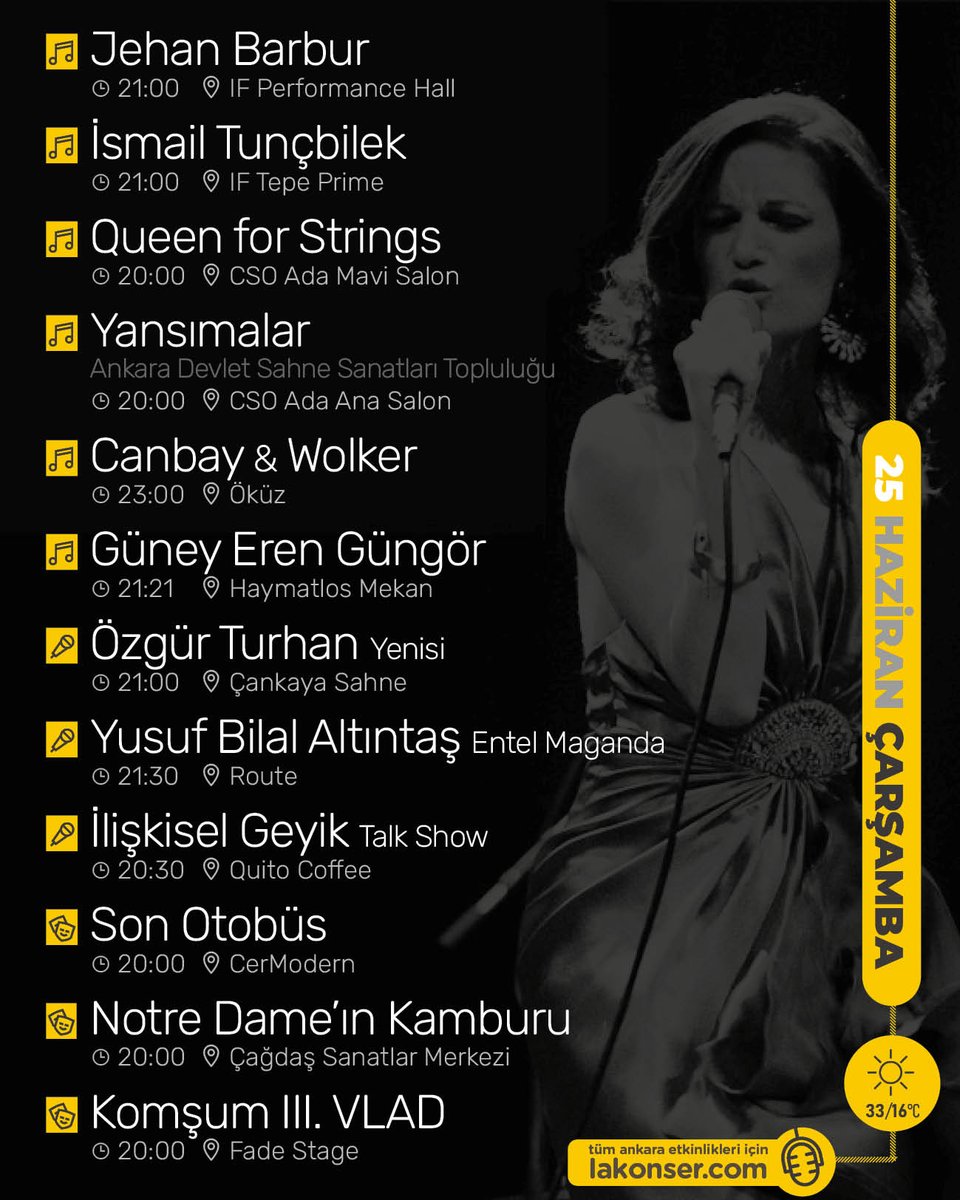 25 HAZİRAN #ÇARŞAMBA Ankara etkinliklerinden öne çıkanlar 🎙️ Duymasını istediğin arkadaşına yollamayı unutma! Tüm etkinlikler için lakonser.com

Olası değişiklikler için etkinlik günü ilgili mekanın sosyal medya hesaplarını kontrol edebilirsiniz.
