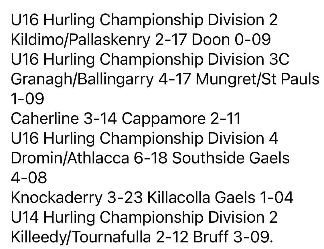 Limerick Bord na nÓg Monday Results:
Sponsored by Mr Binman
Monday 23rd June