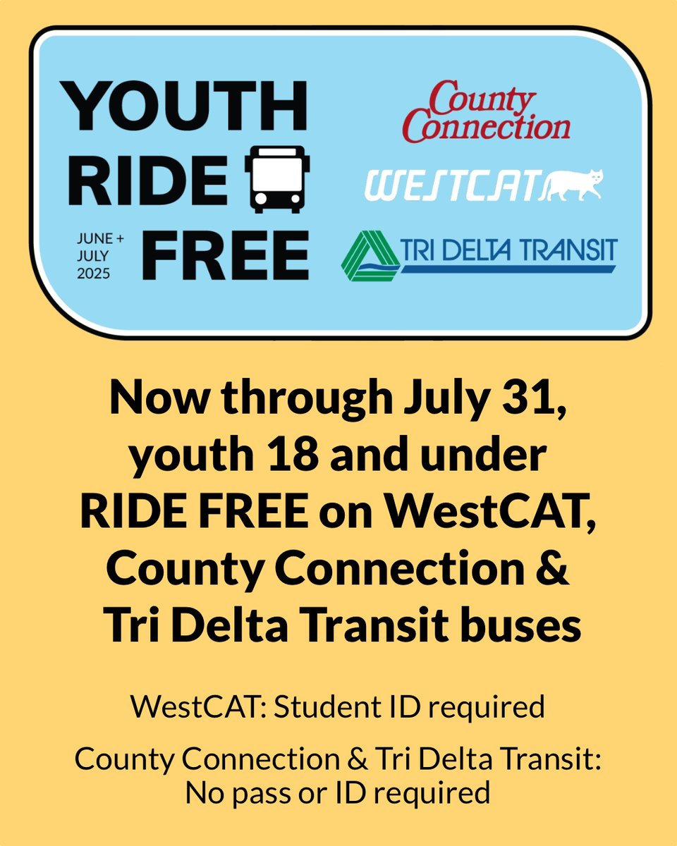FREE BUS RIDES: Are you the 'family chauffeur'? Take some time off. Youth 18 &amp; under ride FREE through July on County Connection, WestCAT &amp; Tri Delta Transit buses. No fares to pay – the most they'll need is a student ID. More info: 511cc.org/youthridefree.