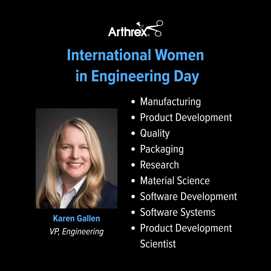 Arthrex's tweet image. On International Women in Engineering Day, we recognize all of our valued female engineers at #Arthrex whose innovation, dedication and expertise help us advance our mission of Helping Surgeons Treat Their Patients Better®.
#ArthrexProud #InternationalWomenInEngineeringDay