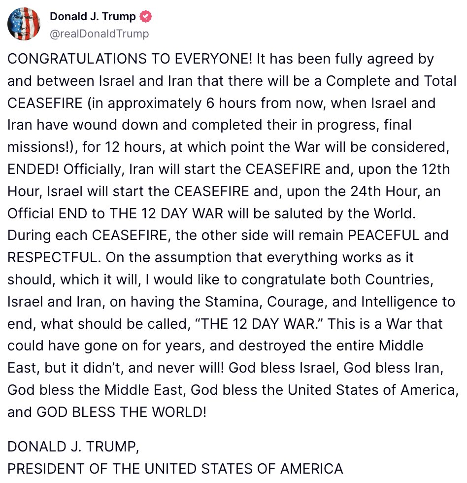 b_scanlandTV's tweet photo. BREAKING: President Trump announces "Complete and Total Ceasefire" between Israel and Iran after they complete their "in progress, final missions." Trump says there will be an official end to the "12-day war" within 24 hours. https://t.co/awoaJXx4nK