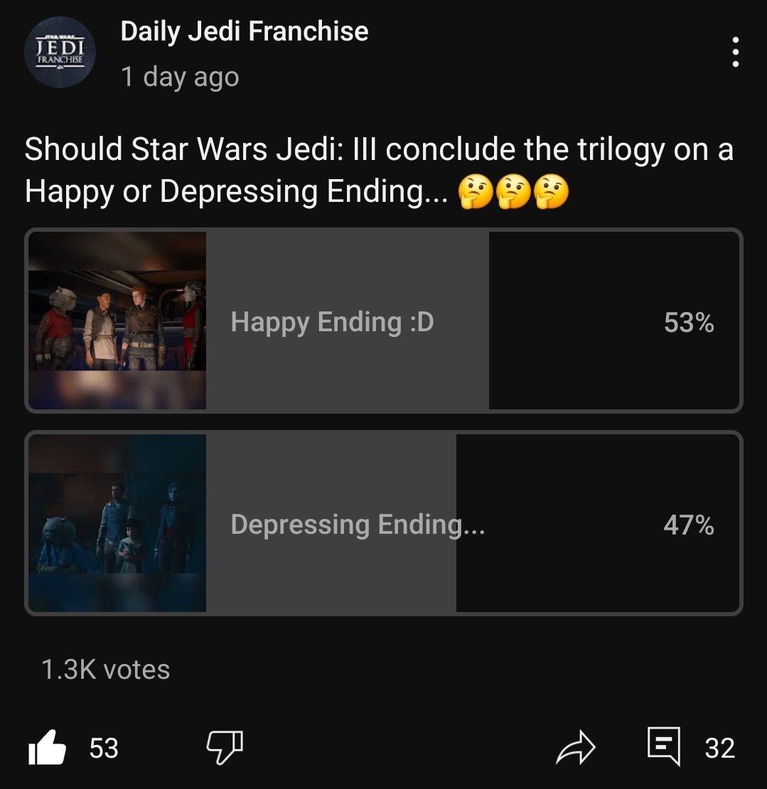 DailyJSurvivor's tweet image. I&apos;ve never seen such a percentage of people want the last game of the ‘Star Wars Jedi: Franchise’ to end depressing. Give Cal a break... 😭😭😭