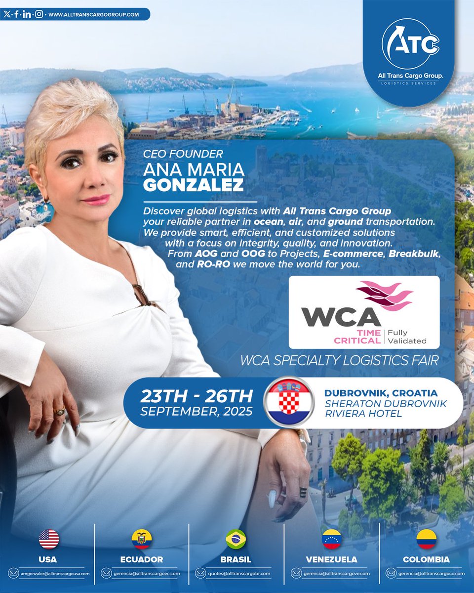 alltranscargo's tweet photo. 🌍 ATC at WCA Specialty Fair 2025 in Dubrovnik with our CEO Ana María G. | Sept 23–26 🇭🇷

💬Contact us!

🌐 https://t.co/VGjgIULCwV
📞 +1 (786) 399-8580
✉ amgonzalez@alltranscargousa.com

We operate in: 🇺🇸 USA 🇪🇨 ECU 🇧🇷 BRA 🇻🇪 VEN 🇨🇴 CO https://t.co/HxHFv7PlPl
