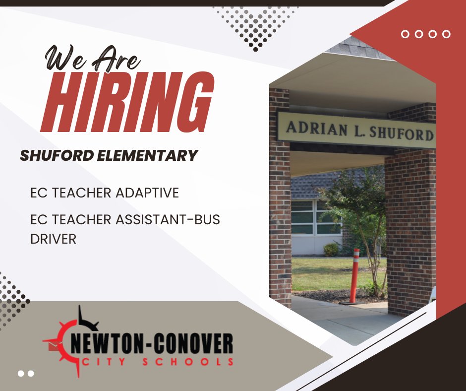 We're hiring at Shuford Elementary School! 

EC Teacher Adaptive: Apply here newtonconover.schoolspring.com/?jobid=5218107

EC Teacher Assistant-Bus Driver: Apply here newtonconover.schoolspring.com/?jobid=5077885