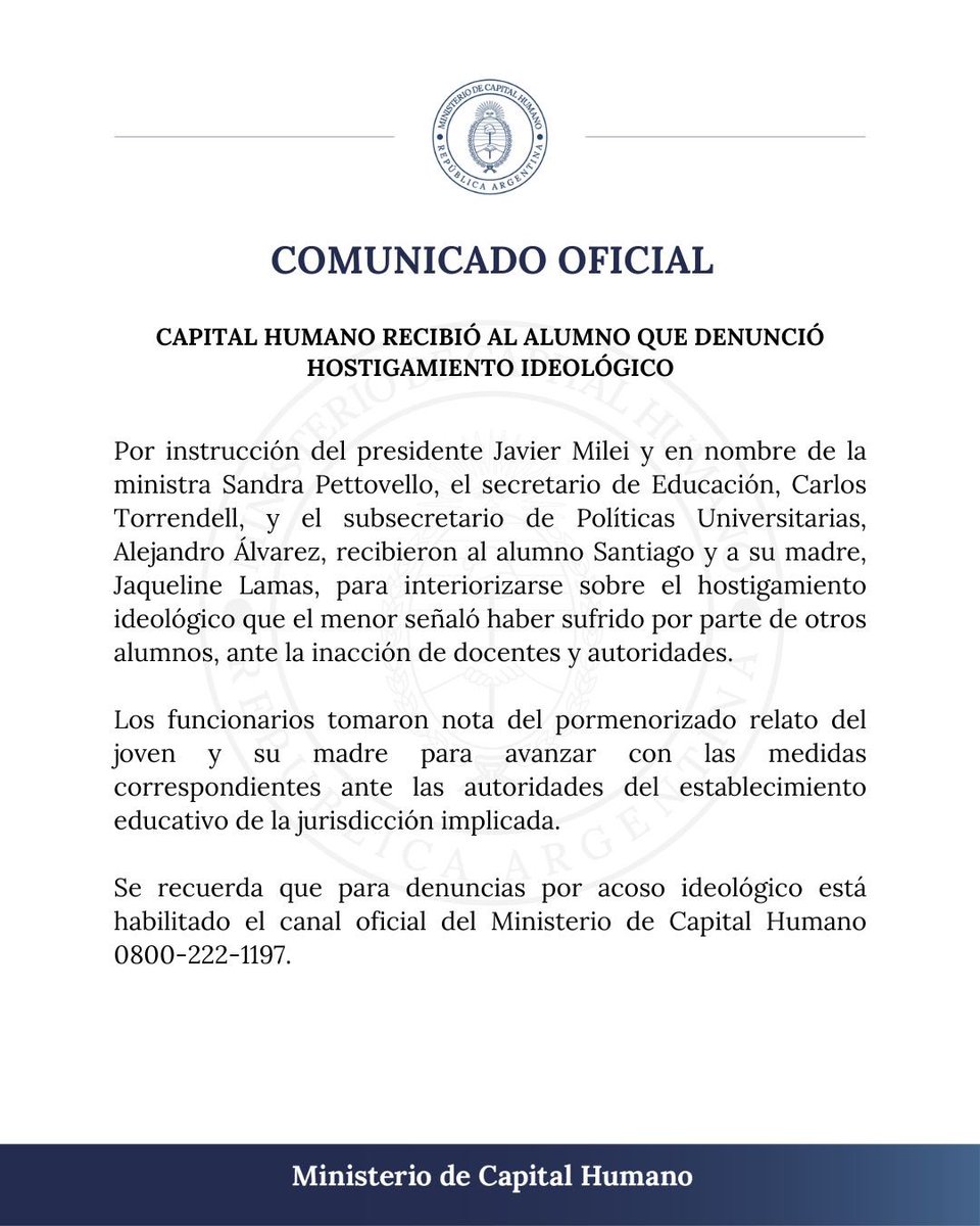 Comunicado oficial.

<a href="/JMilei/">Javier Milei</a> 
<a href="/AleCiroAlvarez/">Alejandro Alvarez</a>