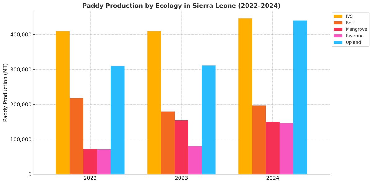 hmkpaka's tweet photo. Our latest annual yield and production survey data suggests #SierraLeone produced about 1.39 million metric tons of paddy rice in 2024, with IVS and upland ecologies contributed the most. The strong production from upland suggest farmers are using more of the upland for rice cultivation, despite lower average yield relative to other ecologies. 

This year we launched a special initiative to promote more rice production in IVS to help reduce deforestation resulting from shifting cultivation in upland rice farming.