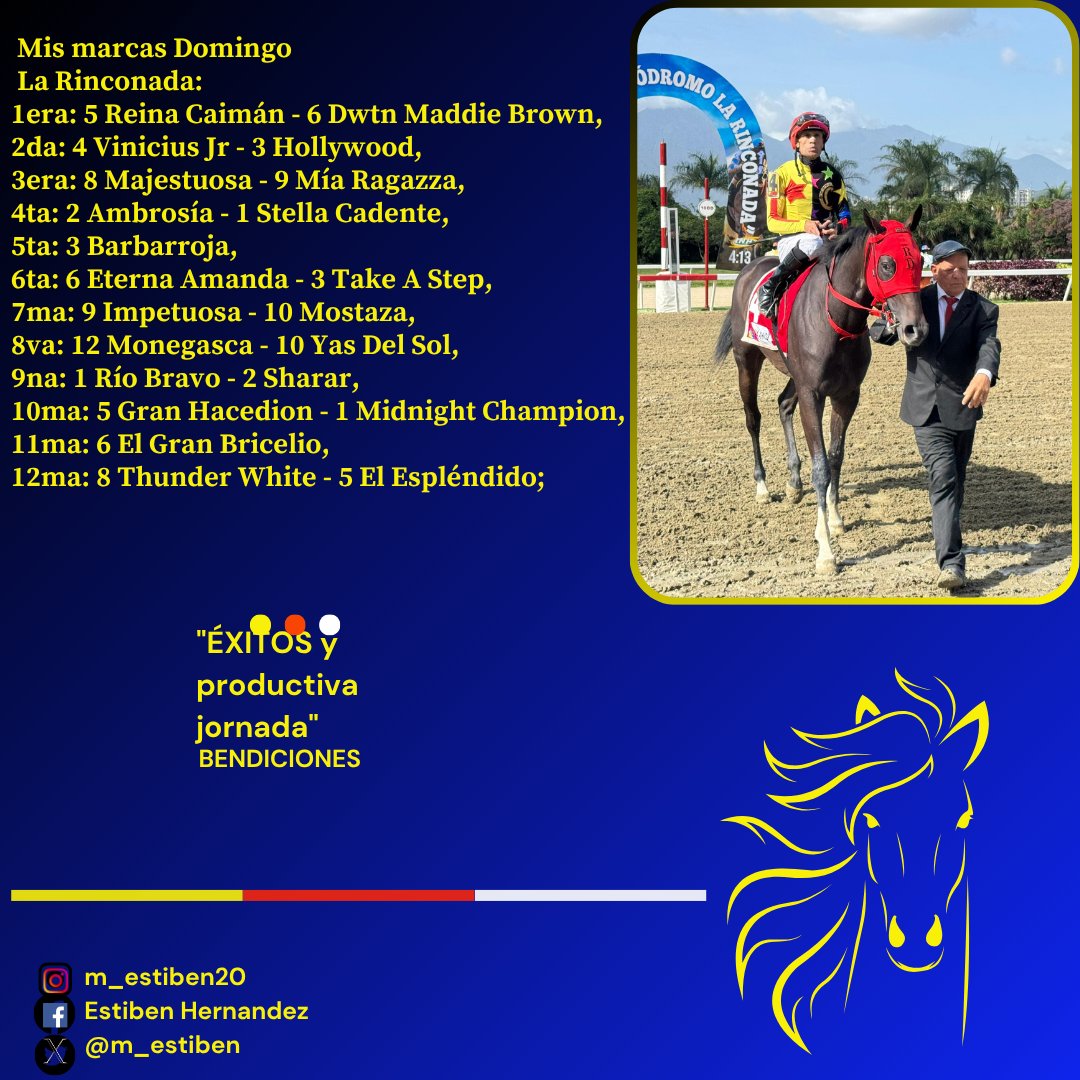 #Hipismo Mis marcas adelantadas La Rinconada
Ojo: De haber retirados se cambiaran con anticipación, otra cosa sino les gusta ninguno no los jueguen; ya que no es obligado, bendiciones

Abre este enlace y únete a la nueva experiencia en grupos de Whatsapp chat.whatsapp.com/Ca0Dw2yeBWf3iI……